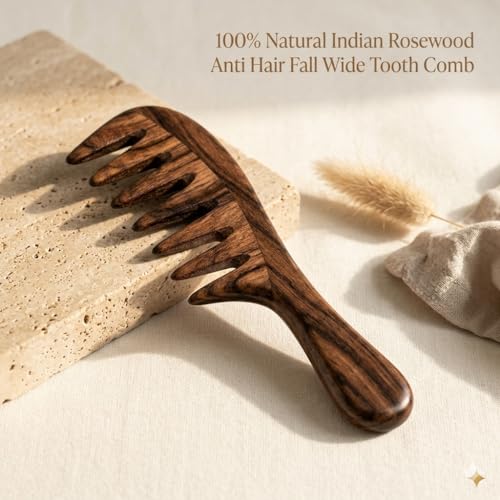 Image of Anti-Hair Fall Indian Rosewood Wooden Comb for Hair - Anti Static Sheeham Wood Comb - Extra Wide Tooth Natural Hair Comb for Men & Women - Handmade Detangling Comb for Curly , Thick & Long Hair - Anti Frizz Scalp Massage - Pack of 1