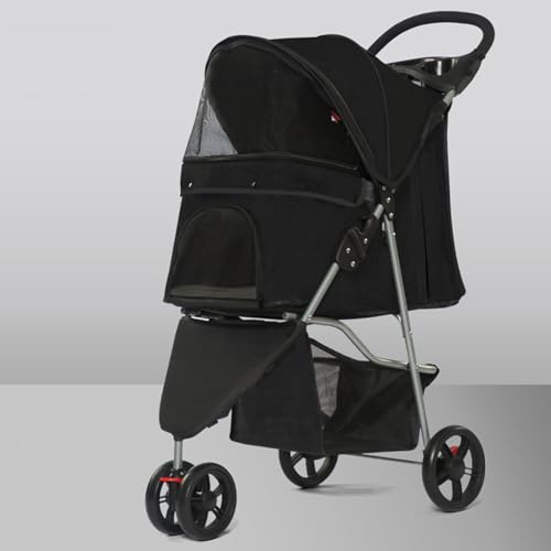 YPDOPORA 3 Wheel Pet Stroller for Dogs and Cats, Cats Dogs Stroller Foldable with Storage Basket, Cup Holder, Dog Carrier Trolley Jogging Travel Stroller,Black -  BLACK-66339044