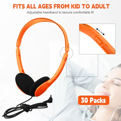 Image of Konohan 30 Pack Headphones Bulk Headphone for School Classroom Student Wired Headphones Adjustable with 3.5 mm Jack for Adults (Orange)