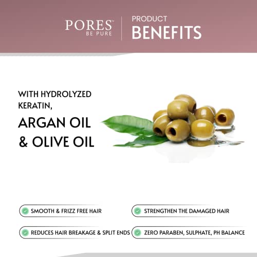 Image of PORES Be Pure Hair Conditioner with Hydrolyzed Keratin, Argan & Olive Oil | Nourishing Conditioner for Dry, Frizzy, Damaged Hair | Hair Smoothening & Strengthening Formula for Men & Women | Paraben & Sulfate Free - ( 250 ml X 2 )