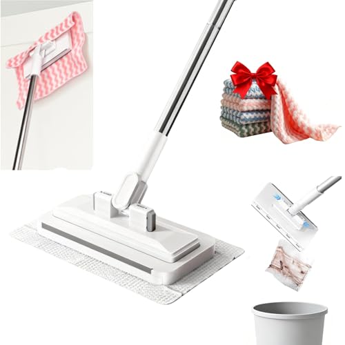 Press Grip Mini Mop Zero-Touch Gap Dust Cleaner with 39in Lazy Mop & Hands-Free Lock Head Disposable Dust Mop for House Wall Bathroom Toilet Corners Multi Surface Cleaning with 5 Cloths