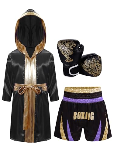 Aiihoo Equipo de boxeo para niños y niñas, con satén, capa y bloque de colores, pantalones cortos para fiestas temáticas, color lila claro y dorado, 158-164 Aiihoo Equipo de boxeo para niños y niñas, con satén, capa y bloque de colores, pantalones cortos para fiestas temáticas, color lila claro y dorado, 158-164