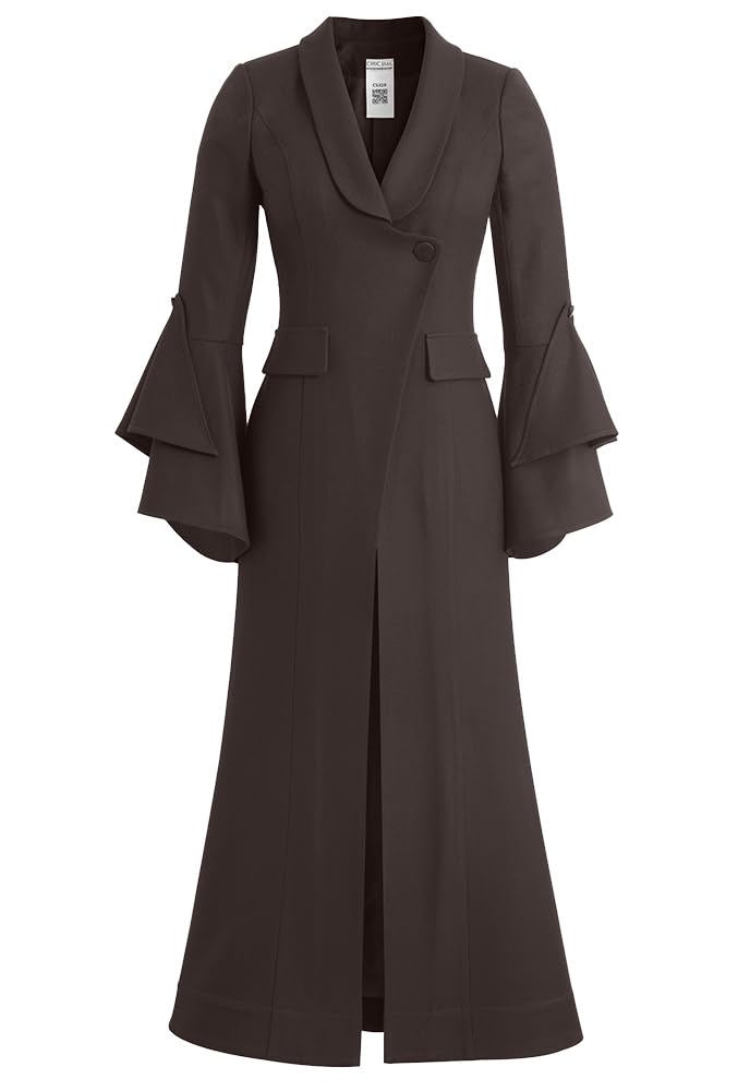 CHIC STAR Womens Wool Long Coat Dress Tiered Bell Sleeves With Buttons Shawl Collar Fitted Waist With Side