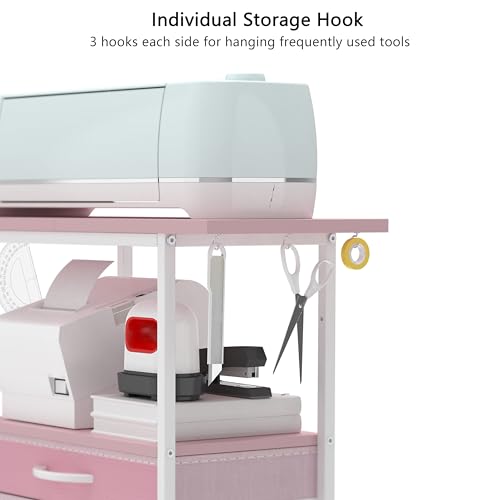 Organizer and Storage Stand Compatible with Cricut Machines,Rolling Storage Cart/Shelf with 24 Vinyl Roll Holders，2 Fabric Drawer,Accessories Holder,Tool Hook for Craft Room Home (Pink)