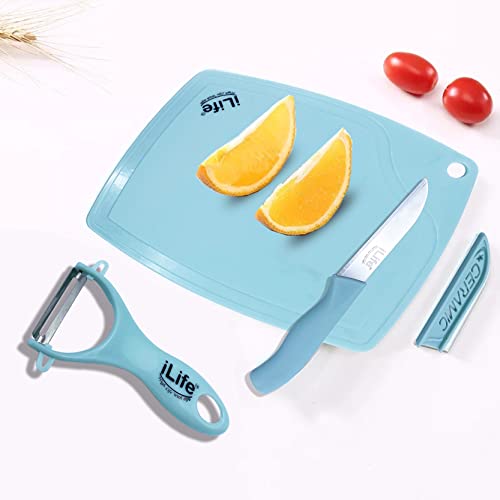 ILIFE Stainless Steel Fruit Knife Sets Paring Knives Chopping Boards Fruits Peeler 3 Pieces Suits Kitchen Cooking Vegetable Stainless Steel Knife Tools (Blue).