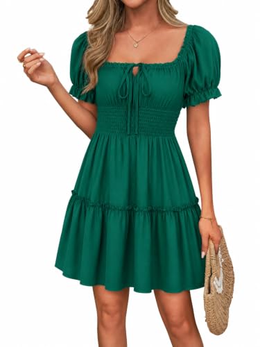 Image of Womens Babydoll Mini Dress Casual Square Neck Short Sleeve Summer Dresses | Empire Waist, Smocked, Flowy, Short Beach Dress, Vacation, Floral, Boho