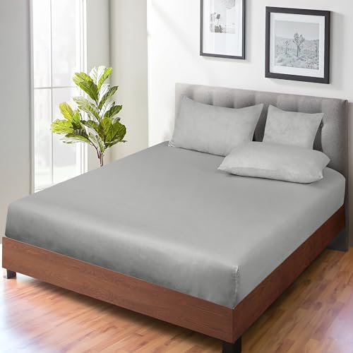 Image of ROYALE LINENS 300 Thread Count 100% Long Staple Combed Cotton Fitted Sheet King - Super Soft Deep Pocket Bottom Sheet - Fitted Sheets Only - Elastic Sheets (King, Silver)