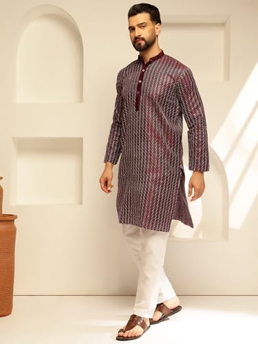 Image of SOJANYA (Since 1958 Men's Silk Blend Contrast White Thread Detailing Kurta With White Pyjama