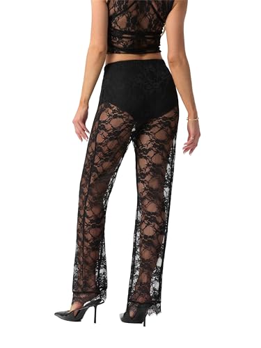 IWOLLENCE Womens Sexy Lace Flare Pants with Bottom High Waist Sheer Mesh Leggings4