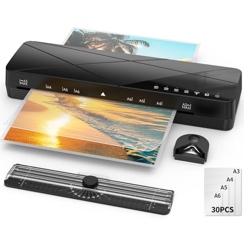 Crenova Plastificadora A3, 6 en 1 con pantalla táctil y 30 películas de laminación, laminadora en frío y caliente para A3/A4/A5/A6, cortador de papel y redondeador de esquinas, ideal para fotos