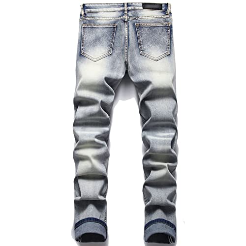 Men's Patch Ripped Torn Jeans Biker Zipper Deco Washed Straight Denim Pants Regular Straight Pleated Patch Fit Jeans2