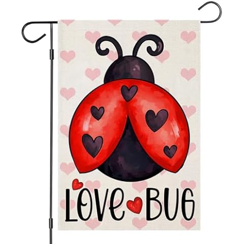 EKOREST Valentines Ladybug Garden Flags for Outside 12x18 Inch Double Sided, LOVE BUG with Love Heart Small Yard Decoration, Anniversary Wedding Decor for Farmhouse Holiday Outdoor Cover