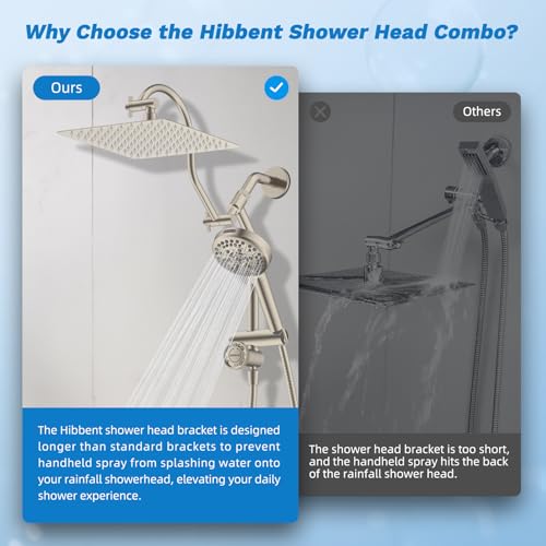 Image of Hibbent High Pressue All Metal 10 inch Rainfall Shower Head, Handheld 10-Spray | cUPC Certified Brushed Nickel Dual Showerhead Combo, 4-way Diverter with Pause Mode, Brass Extension Arm, 71'' Hose & Holder
