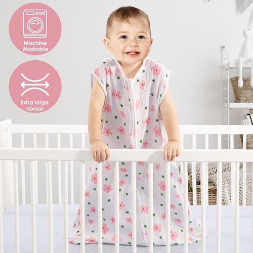 Image of BSTOPPT 2 Pack Baby Sleep Sack 12-18 Months 100% Organic Cotton Muslin Baby Sleeping Bag 2-Way Zipper Wearable Blankets (Flower & Cherry, Large), QYY24-HUA