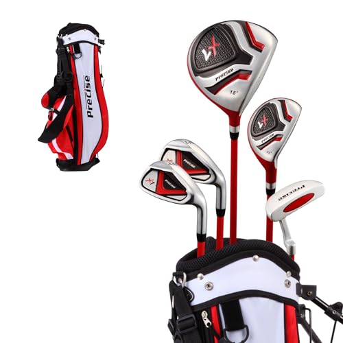 Precise X7 Kids Golf Clubs Set – Boys’ & Girls’ Junior Golf Set with Lightweight Graphite Shafts, Hybrid, Putter & Stand Bag - Red Ages 6-8 – Right-Handed