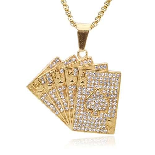 18K Gold Plated Iced Out Stainless Steel Playing Card Poker Pendant Necklace