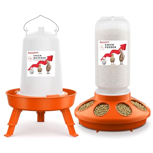 ZenxyHoC Küken Futterautomat und Tränke Set, 1 L Hühner Futterautomat und 1,5 L Hühnertränke mit 3 Höhenverstellbaren Höhen für Hühnchen, Orange
