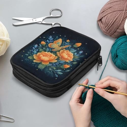 Image of Vanideaoty Yellow Butterfly Crochet Storage Organizer with Web Pockets Floral Knitting Needle Storage Holiday Portable Crochet Hook Case for Holiday Decor