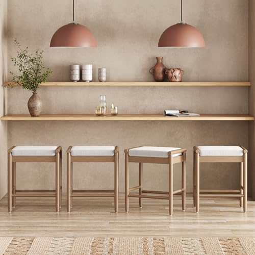 Nathan James Kirsten Scandinavian Backless Wooden Bar Stool, Boucle Bar Stool with Tapered Solid Wood Legs, Boucle/Light Brown Set of 4
