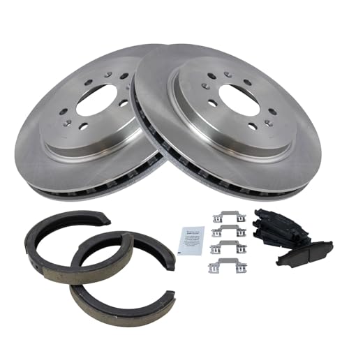 Image of TRQ Rear Brake Pad and Rotor Set Ceramic Rotors Parking Brake Shoes Code JE5 JL9 Compatible with 2005-2010 Cadillac STS