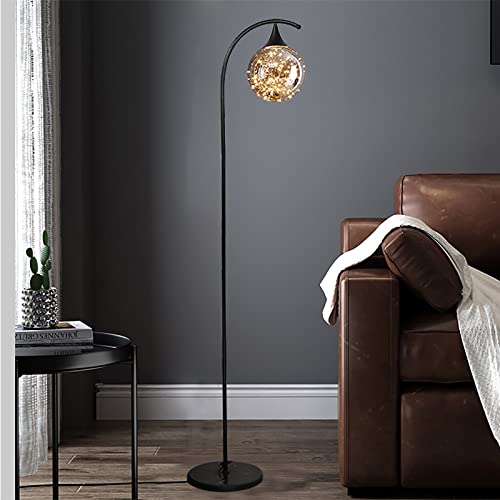 Lampadaire en verre et métal noir avec ampoule LED suspendue pour éclairage du salon