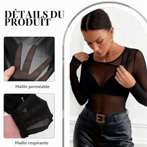 Body Transparent Femme, Top Femme Noir en Maille avec Manches Longues, T Shirt Transparent Slim Fit pour Clubwear, Soirées, Discothèque, Festival, Sport Chic et Tenues Quotidiennes – vue 5