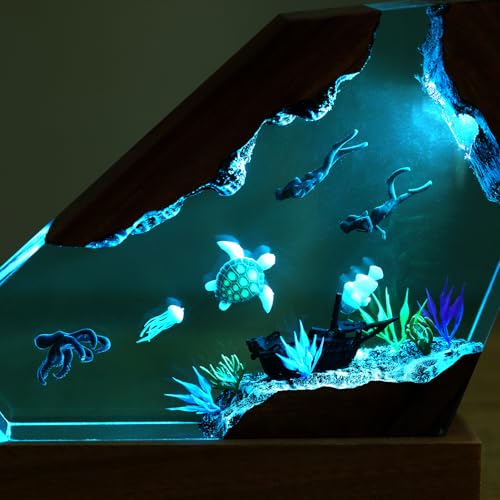 Image of Drawelry Ocean Creative Epoxy Resin Wood Light Lamp, Handmade Multi Color Aquatic Ocean Lamp Deep Sea Cave Diving Enthusiasts Led Night Light Desktop Decor Birthday Gift (Octopus, M)