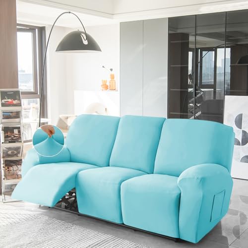 Image of HOKIPO 'SereneSolids' 140 GSM Recliner Stretch Sofa Slipcover 3 Seater Fully Covered 8-Piece Set Machine Washable Furniture Protector with Elasticity for Kids Pet, Sky Blue (AR-4742-SBLU)