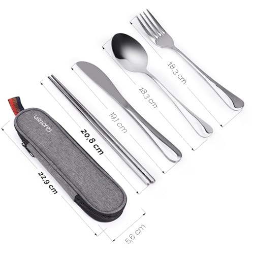 Quatish Camping Besteck, 5 Stück Edelstahl Reisebesteck mit Etui, Besteckset to Go, Campingbesteck für Unterwegs, Outdoor, Reise, Arbeit, Schule, Reise Gadgets, Silber 2
