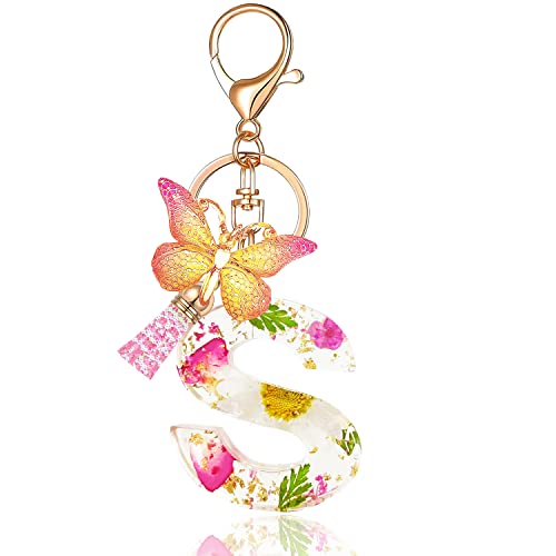 Hlqhxwhzt Initial Letter Keychain Resin Keychain Pink Tassel Butterfly With Real Dried Flowers Is Suitable For Girls' Wallets Car Keys (S) #TOP5