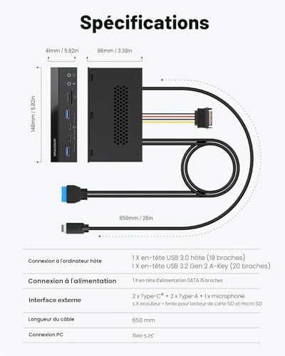 GRAUGEAR 8 interfaces [10 Gbit/s] Panneau Avant de 5,25 Pouces avec 2 Ports USB-C et 2 Ports USB-A USB 3.2 Gen2 10 Gbps, Lecteur de Carte SD et microSD, Audio I/O, Microphone, Ports Casque – vue 9