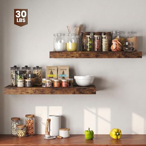 Image of Dreamland 32 inch Floating Shelves for Wall, 12 inch Deep Thicker Floating Shelves, Wall-Mounted Shelves for Bedroom, Living Room, Kitchen, Bathroom,Rustic Brown - Set of 2