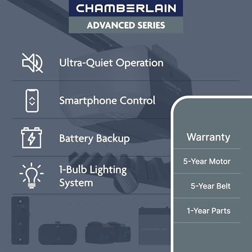 Chamberlain 1/2 HP Belt Drive Smart Garage Door Opener with Battery Backup, 1-Bulb Lighting, and myQ Connectivity