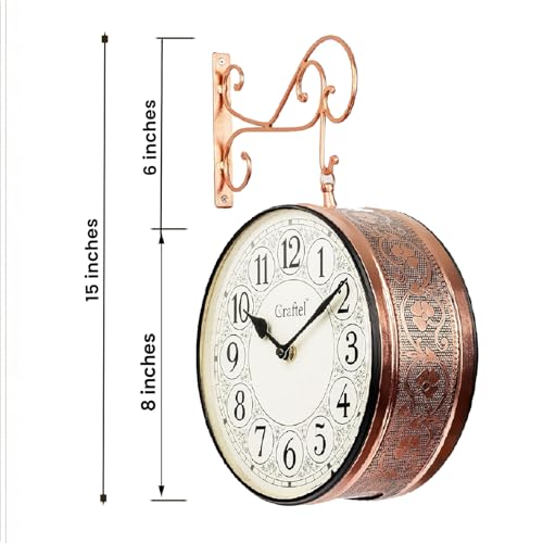 Image of CRAFTEL Double Sided Station Wall Clock Multi-Layer Electroplated | English Roman Numerals | Aluminum Matte-Finish Dial Brass Body | Dial - 8 Inches, Rose Gold | 365 Days Warranty