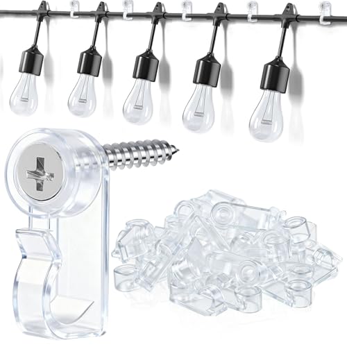 50 Pack Hooks for Outdoor String Lights, Christmas Light Clips bulk with Screw, Weatherproof Light Hanger Hooks for Hanging Christmas Lights,Wall Cable,Fairy Lights on Fence Patio Gutter (Clear)