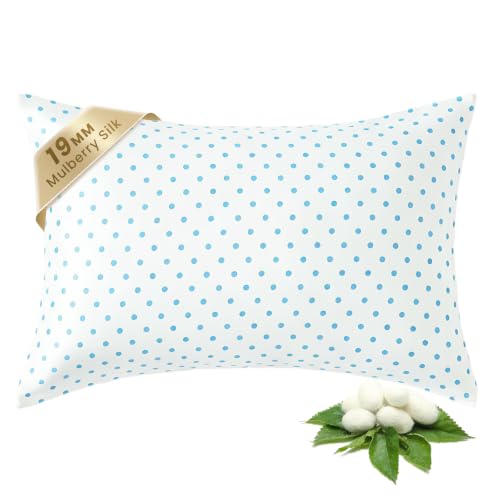 Image of THXSILK Mulberry Silk Pillowcase for Hair and Skin, Cooling Bed Pillow Cover with Hidden Zipper, Soft Smooth Print Silk Pillowcase Gifts for Women Men, 1pc (Queen 20 inchx30 inch, Blue White Polka Dot)