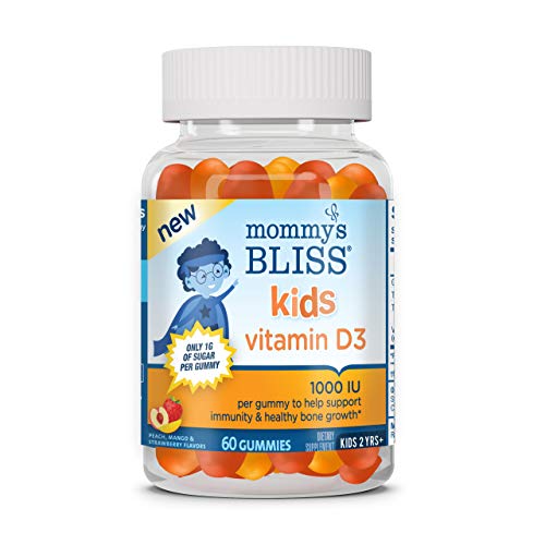 Mommy's Bliss Kids Vitamin D3 Gummies, 1000 IU of Vitamin D3 Supports Immunity & Healthy Bone Growth, Gelatin Free, 1G of Sugar, Ages 2 Years+, Peach, Mango & Strawberry Flavors, 60 Day Supply
