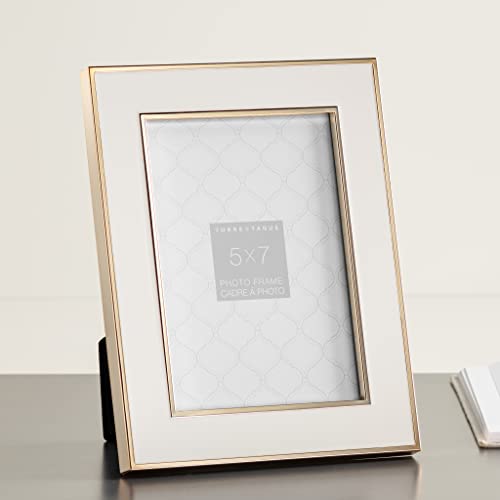 Torre & Tagus Regis Metal Trim Enamel Desktop Picture Frame For Table Top Open Shelf Display, 5" X 7", Gold/White #TOP2