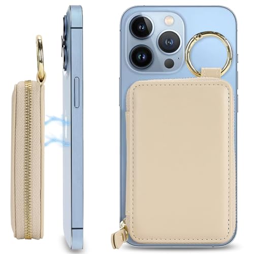 Image of Compatible with MagSafe Wallet,Magnetic Phone Wallet Card Holder for iPhone 17 /16 Pro Max /15 plus /14 Pro /13 /12 Series,PU Leather Zipper Pocket Adjustable Stand-Beige