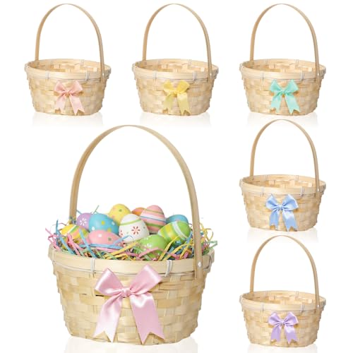 Kritkin 6 Pcs Woven Basket with Handle and 6 Colors Bows Bamboo Empty Gift Baskets for Fruit Candy Wine Picnic Gathering Wedding by Kritkin - Used condition - US$24.57