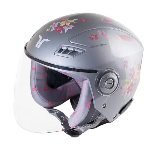 Image of TVARRA Blossom ISI Certified Women's Open Face Helmet Designer Helmet, Lightweight and Rainproof, Crafted for Women, Extreme Comfort Fit with Clear Visor (Silver Haze, M /L: (56-57) cm)
