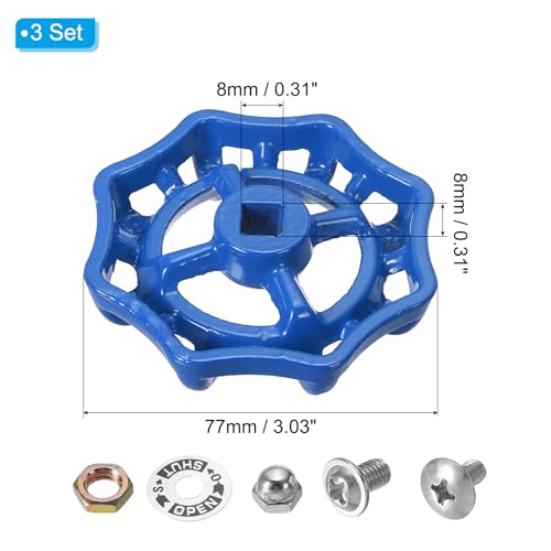 PATIKIL Außenwasserhahn Griff Vierkantstiel Loch 8x8mm, Gussstahl Rundrad Wasserhahngriffe Ersatz Wasserhahngriff mit Schraubenabstandshalter, Blau, 3 Stück