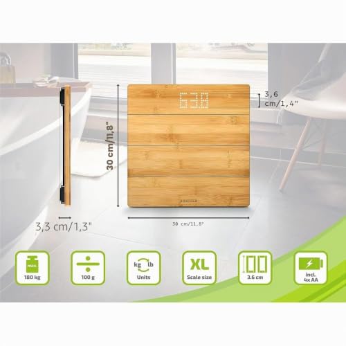 Miniatura 7 de Soehnle Style Sense Bamboo Magic, Digitale Holzwaage Aus Echtem Bambus, Waage Mit Unsichtbarem Display, Gut Lesbaare Led-Anzeige, Körperwaage Für Ein Warmes Fußgefühl, Personenwaage Bis Zu 180 Kg