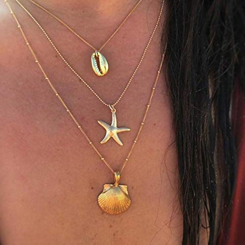 Fdesigner Boho Layered Shell Necklace Gold Starfish Pendant Long Necklaces Chains Vintage Beach Conch Jewelry for Women and Girls