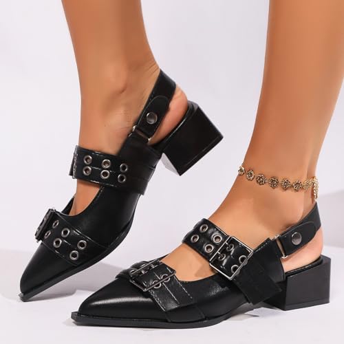 Generic Buckle Ballet Flats for Women Mary Jane Flats Wide Welt Pointed Toe Ballerina Shoes Flat Square Block Heel Pumps Metal Punk Style Fashionable Office & Casual Wear2