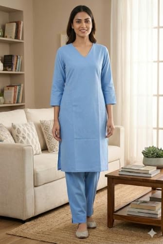 Image of JAIPUR HAND BLOCK Women's Cotton plain Straight Salwar Suit | V-Neck | 3 /4th Sleeve | Regular Fit | Daily, Office & Ethnic Wear(ST00125-V-NEW)