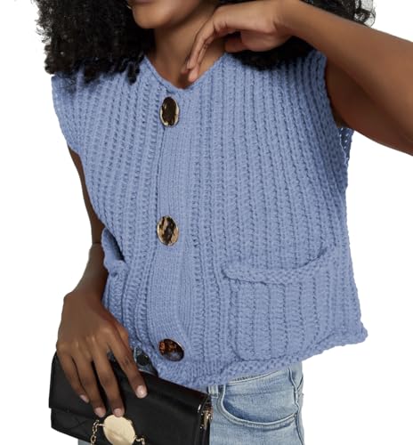 Image of Women's Sleeveless Crochet Cardigan Vest Casual Fashion Button Down Open Front Sweater Vest with Pockets