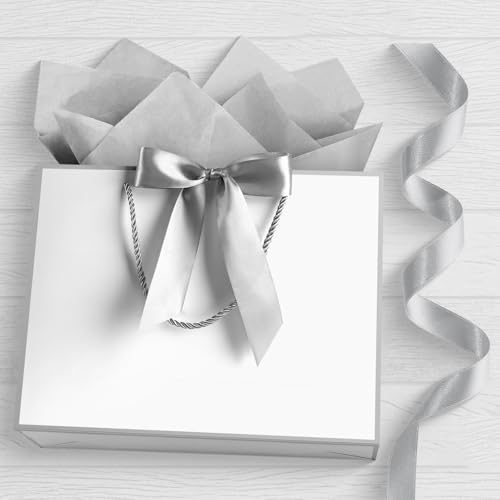 Image of JMANNI Gift Bags with Handles, 13 inch Medium Gift Bag for Presents, 1 Pcs Bags with 2 Tissue Paper and 1 Cards for Baby Shower Wedding Bridal Shower Mother's Day Birthday Party (Silver)