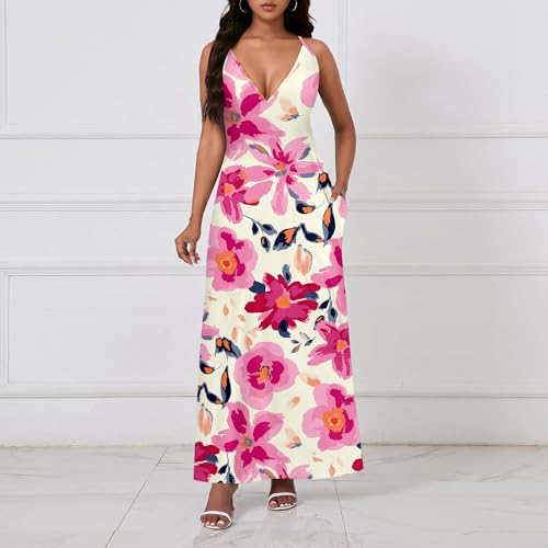 Image of Women Floral Sundress Summer Casual Spaghetti Strap V Neck Long Maxi Dress Sexy Boho Beach Dresses with Pockets Floral-3 XXL