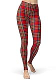  sissycos Damen Plaid Leggings, Tartan Karo Leggings mit für Damen, Yoga Mädchen Fashion Stretch Leggins Lang(Rotes Plaid,S-L)